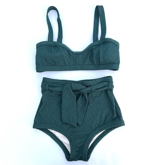 Peony Textured Belted High-Waisted Tie Two Piece Swimsuit Bikini Green Small - Picture 4 of 16